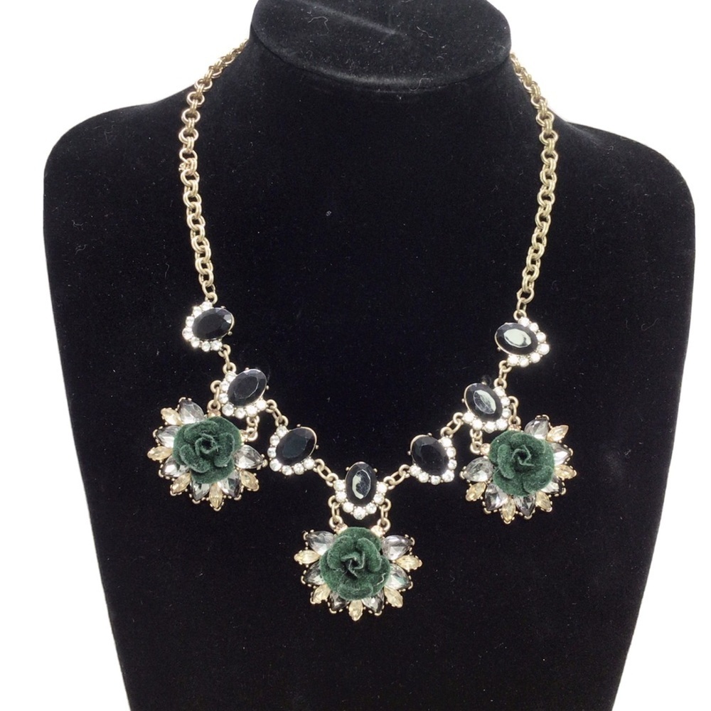 Glam Green Floral Rhinestone Statement Necklace